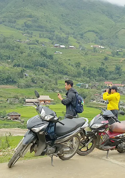 Motorbike to rice fields mountains valleys