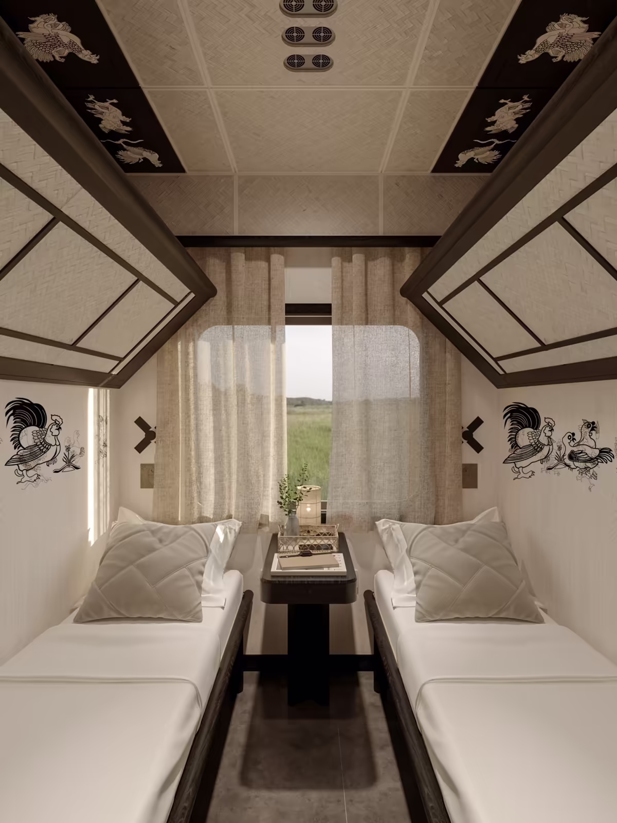 Chapa Express Premium Ticket berth with Dong Ho folk-art detailing in a four-person cabin