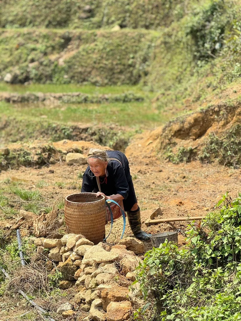 Quiet nature trail through harvested terraces and forest near Ta Phin in October, Sapa