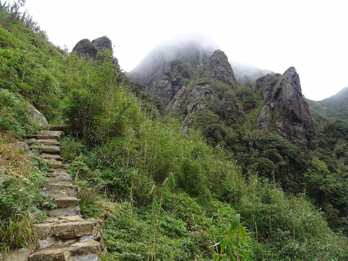 A stone-stepped trail climbing through bamboo toward the Hoang Lien Son crags in cloud on the way to Fansipan