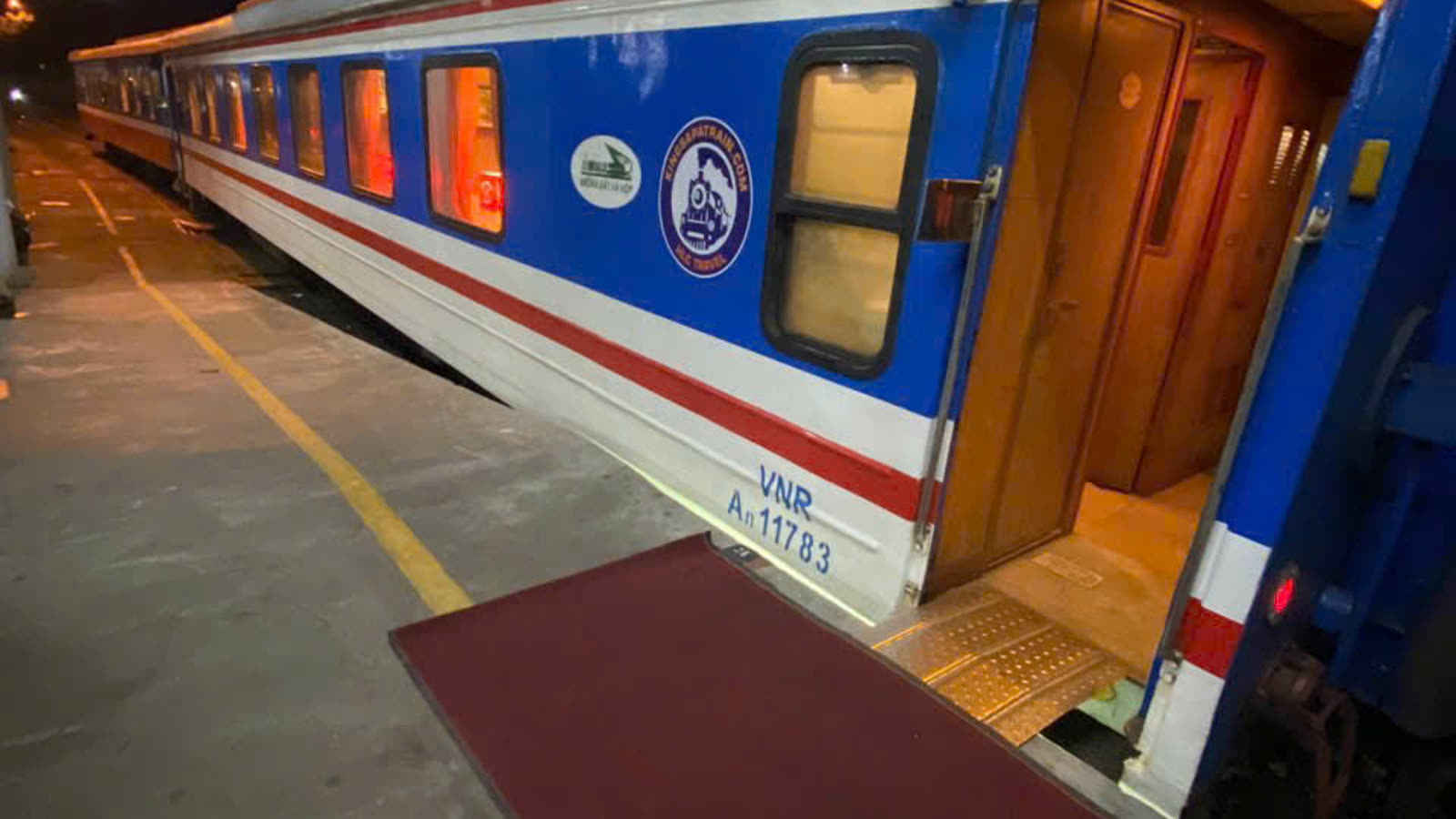King Sapa Train luxury sleeper carriage waiting at the platform, the overnight service from Hanoi to Lao Cai for Sapa