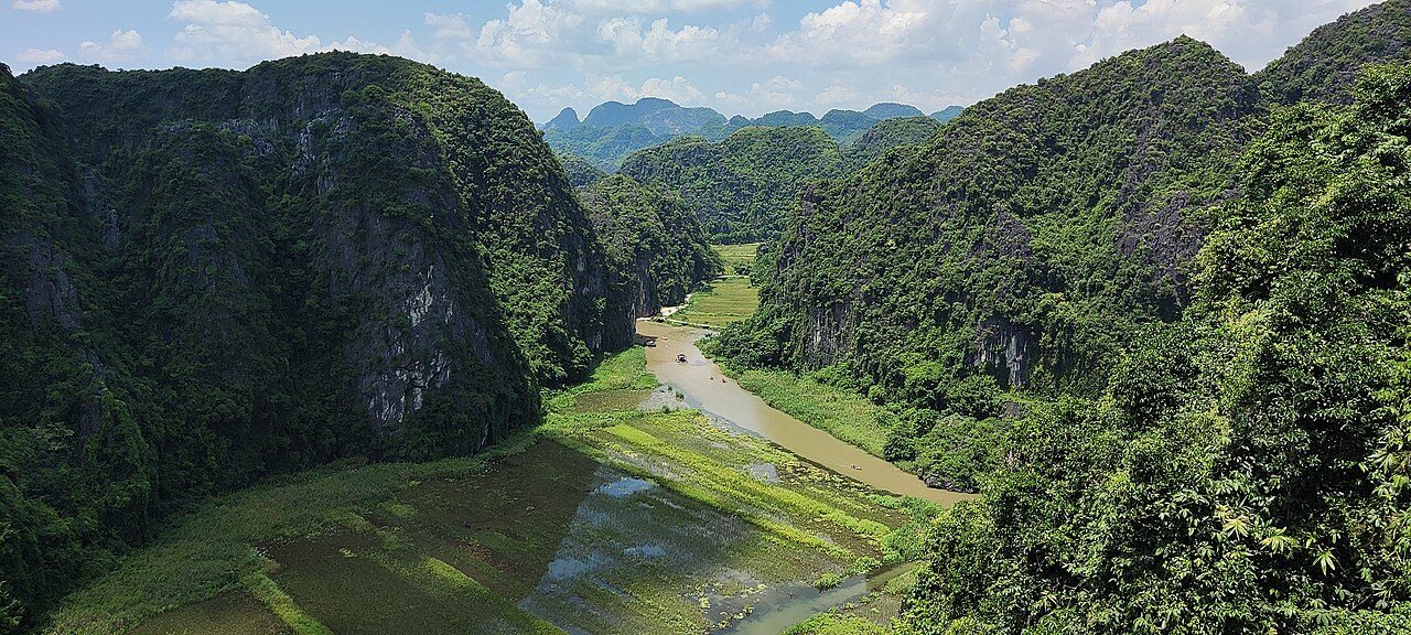 The view from Mua Cave over the Tam Coc river and karst peaks in Ninh Binh