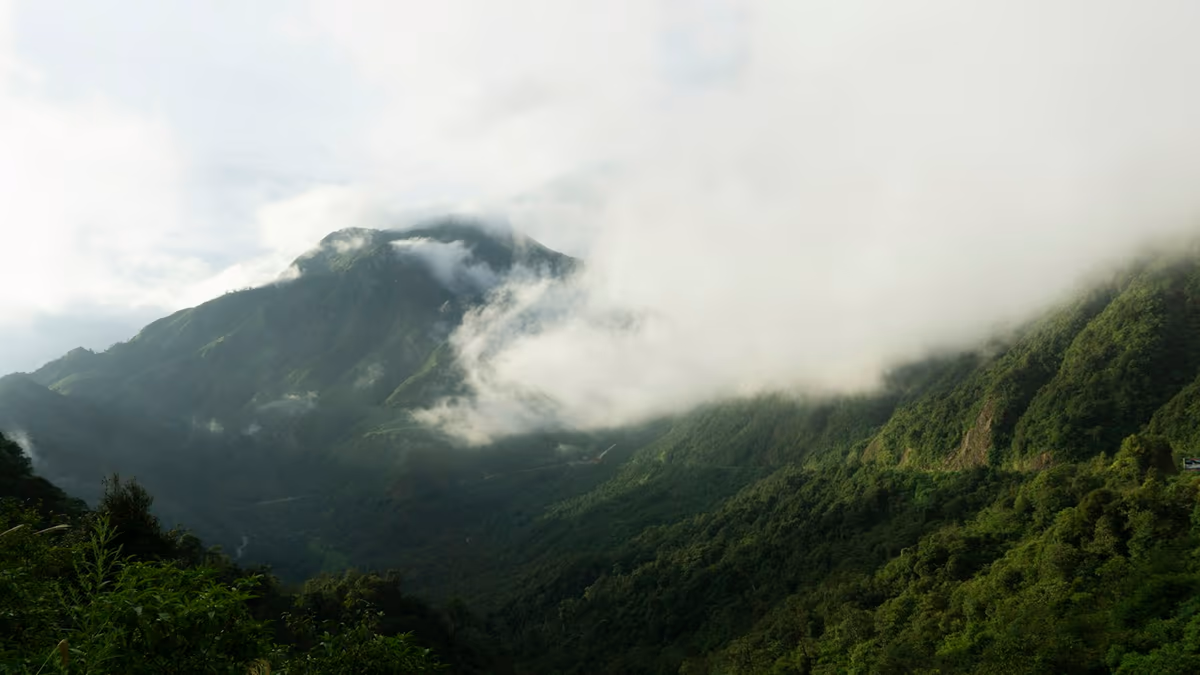 Cloud pouring over a forested ridge on O Quy Ho Pass between Sapa and Lai Chau