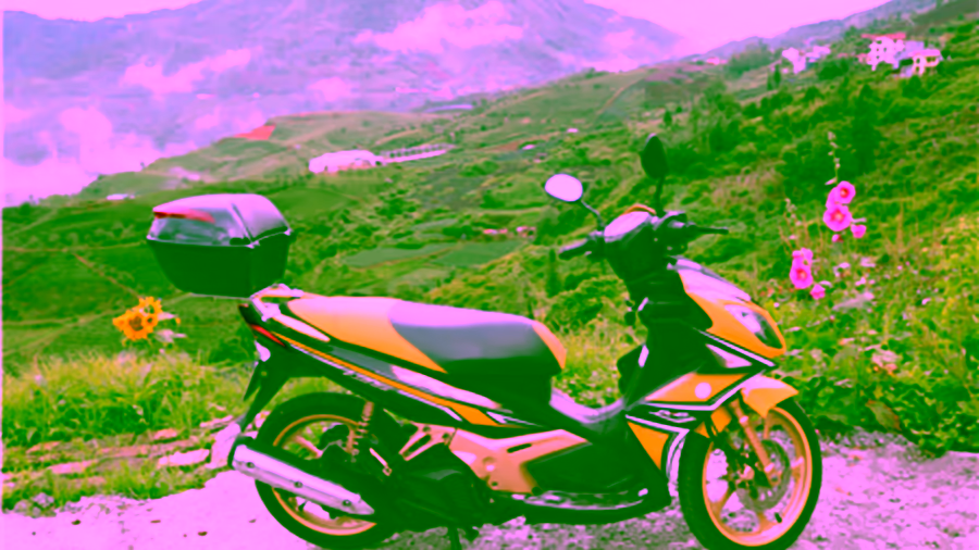 A motorbike parked overlooking the Muong Hoa Valley on a Sapa motorbike tour