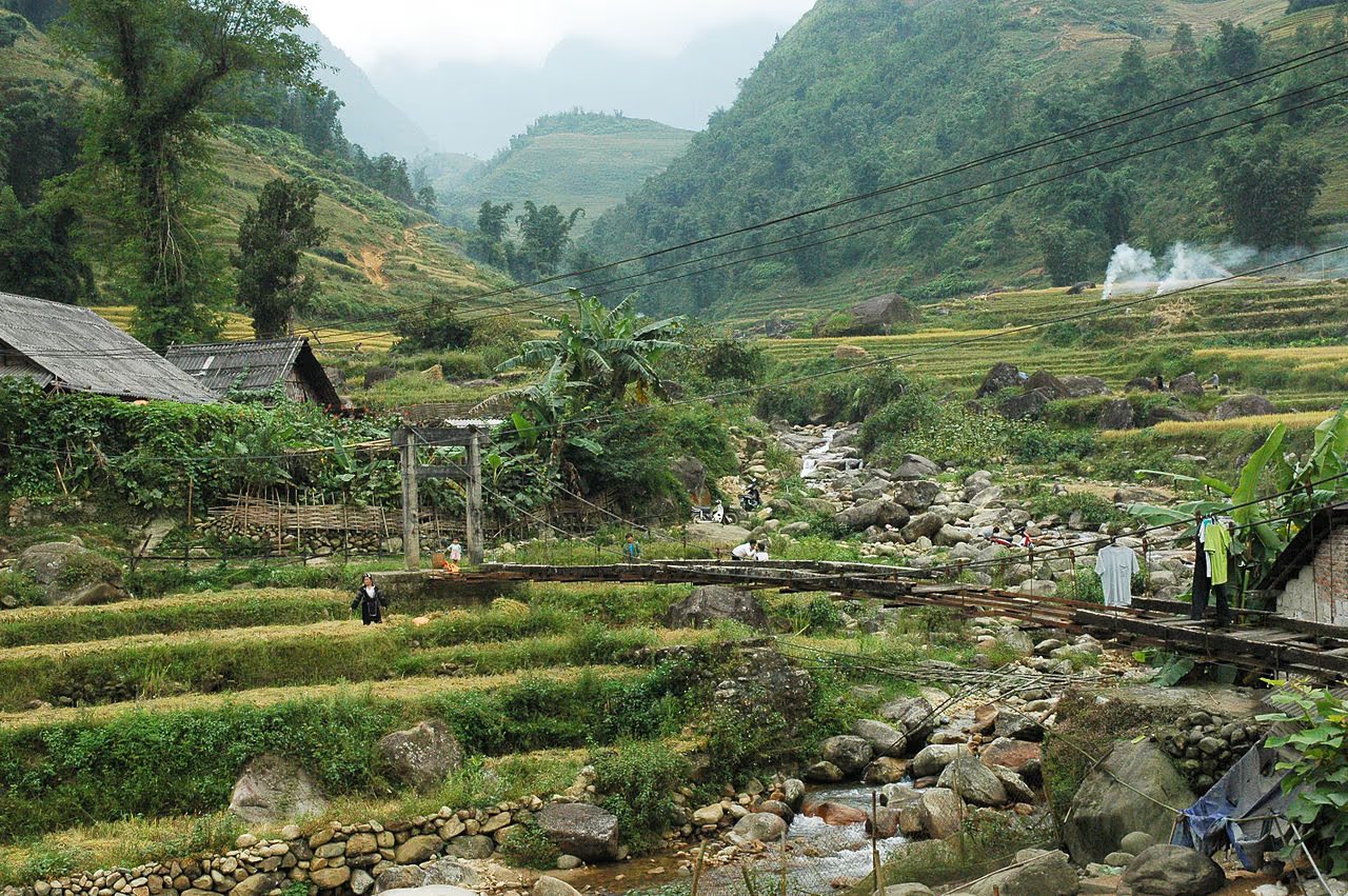 Wooden homes and a footbridge among green rice terraces in Ta Van village, Muong Hoa Valley, Sapa